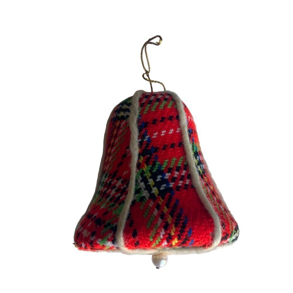 Vintage Red Plaid Fabric Christmas Ornaments Set Of 4 Bell Ball Large - Picture 3 of 8